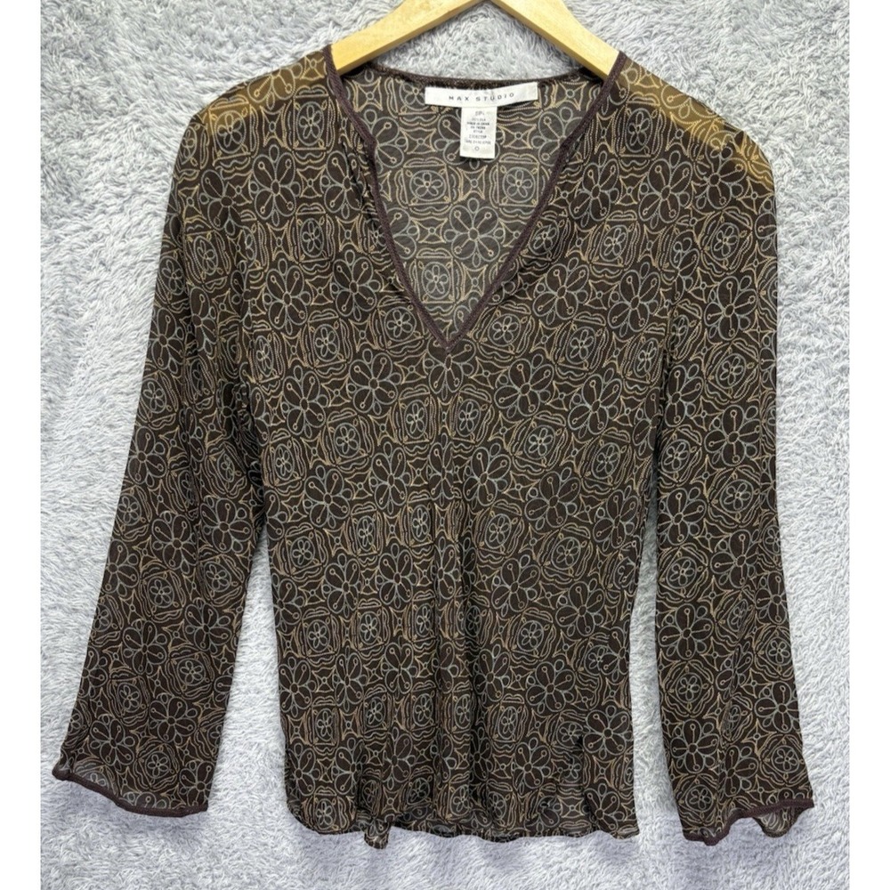 VTG Max Studio Women S/XS Silk Sheer Lace V-Neck Top Brown Blue Geometric Fairy